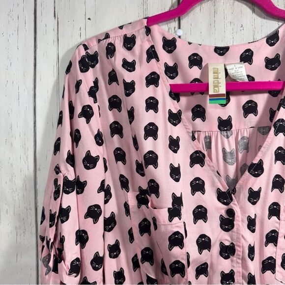 Mimi Chica Womens Cat Print Button Down Pink Black V Neck Belted Mini Dress - Picture 3 of 16